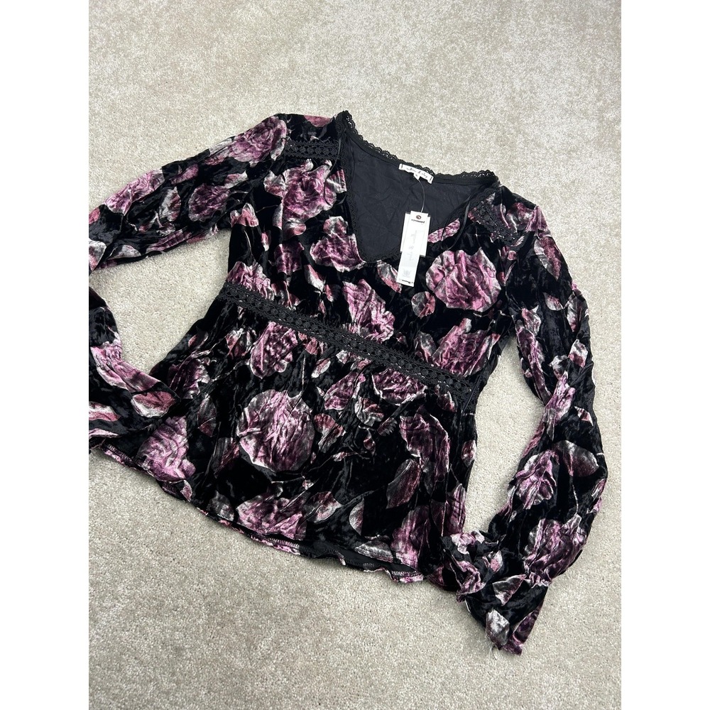 Willow & Clay Blouse Womens Small Black Floral Velvet Peplum Balloon Sleeve Top